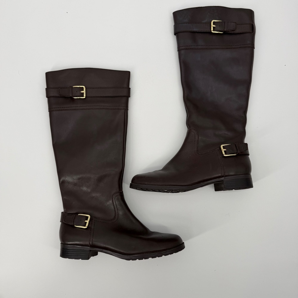 Lauren Ralph Lauren Simone Dark Brown Leather Riding Boots Buckle 7B 1942
